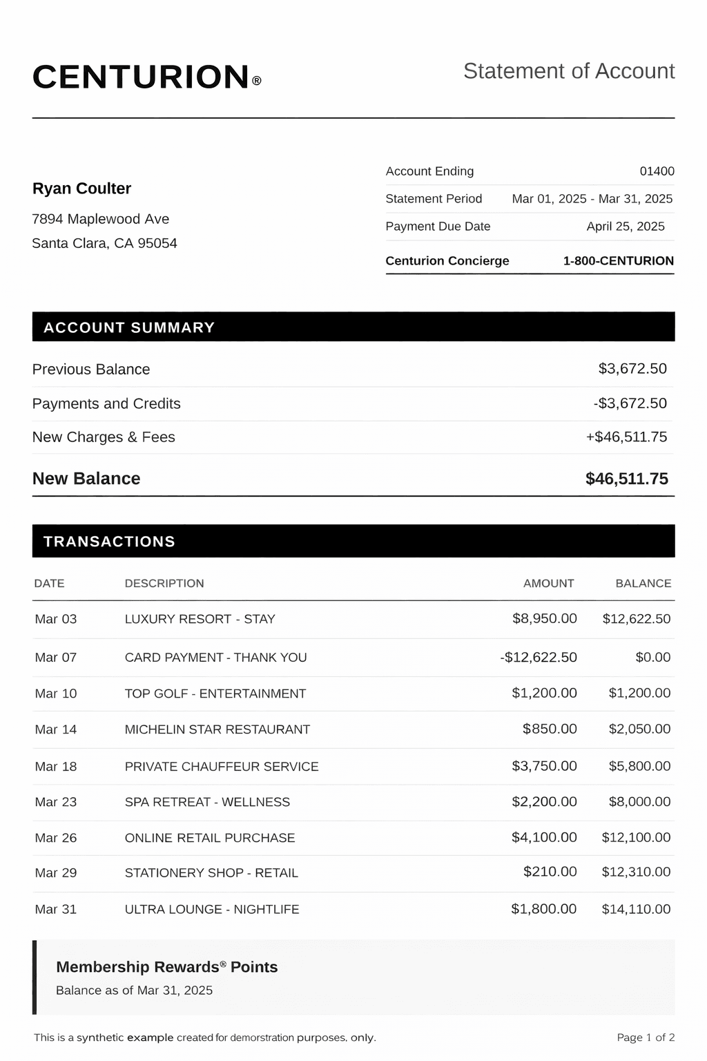 Example Amex credit card statement