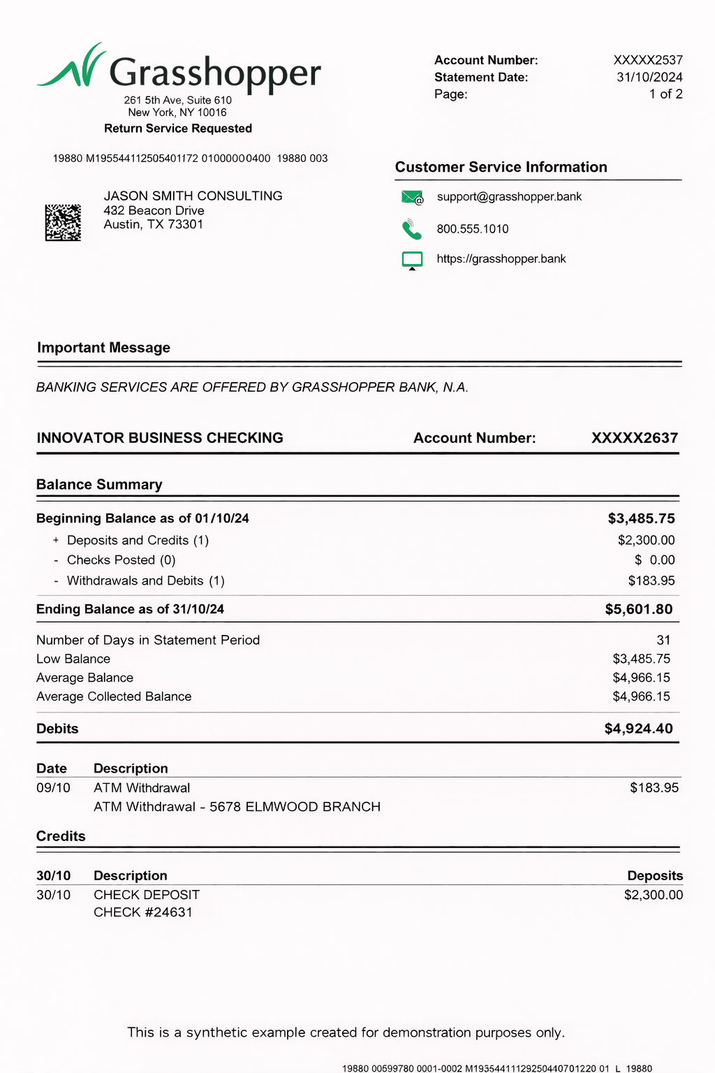 Example Grasshopper bank statement