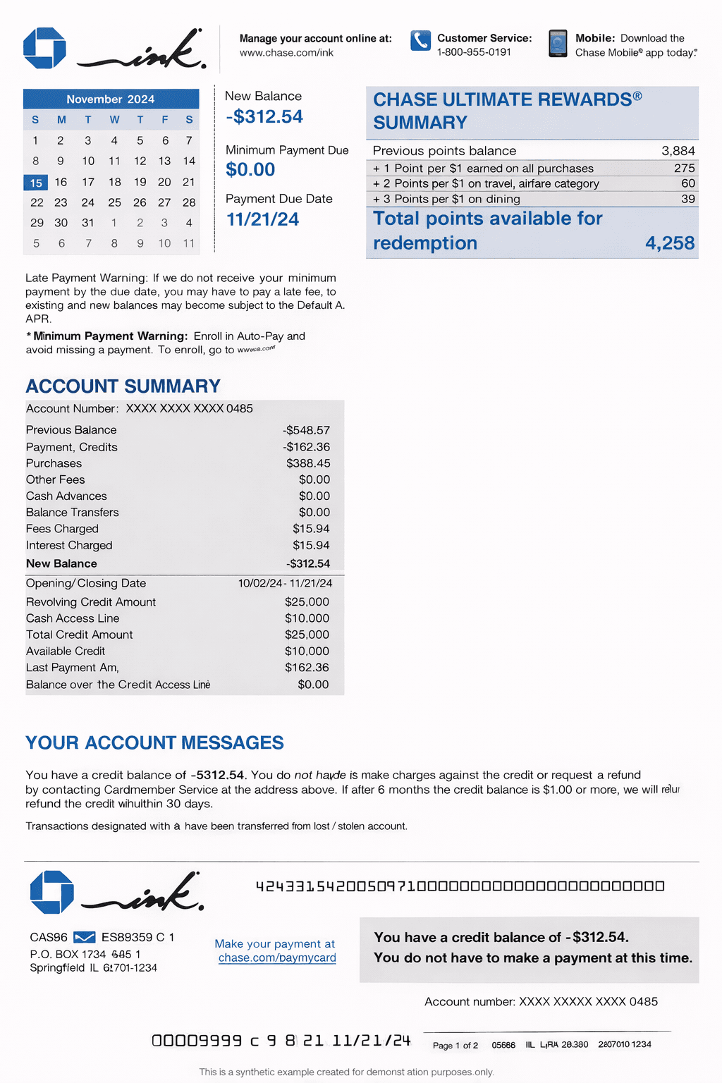 Example Chase credit card statement