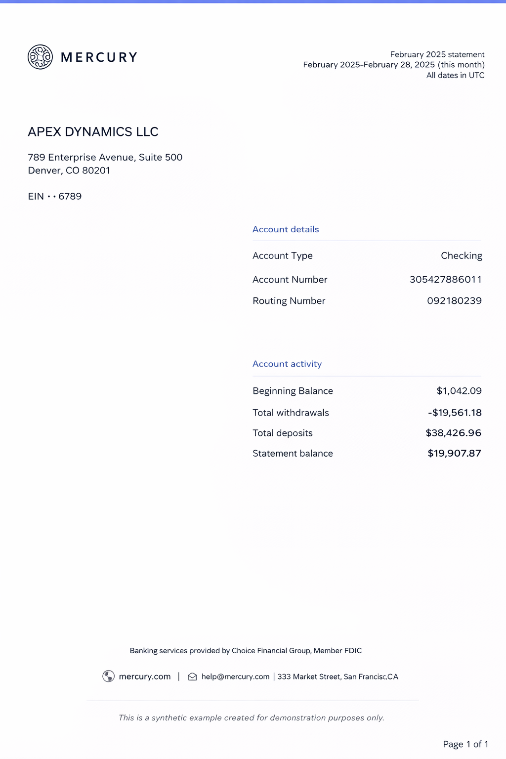 Example Mercury bank statement