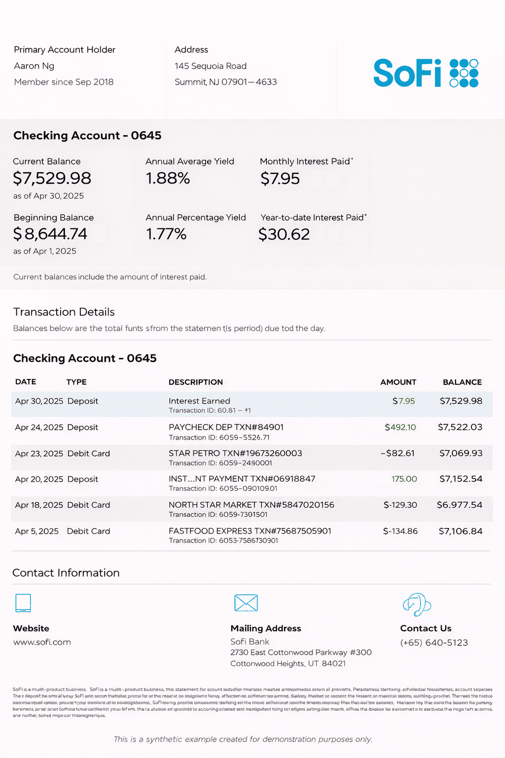 Example SoFi bank statement