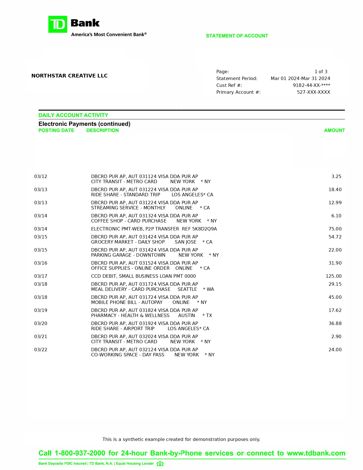 Example TD Bank bank statement