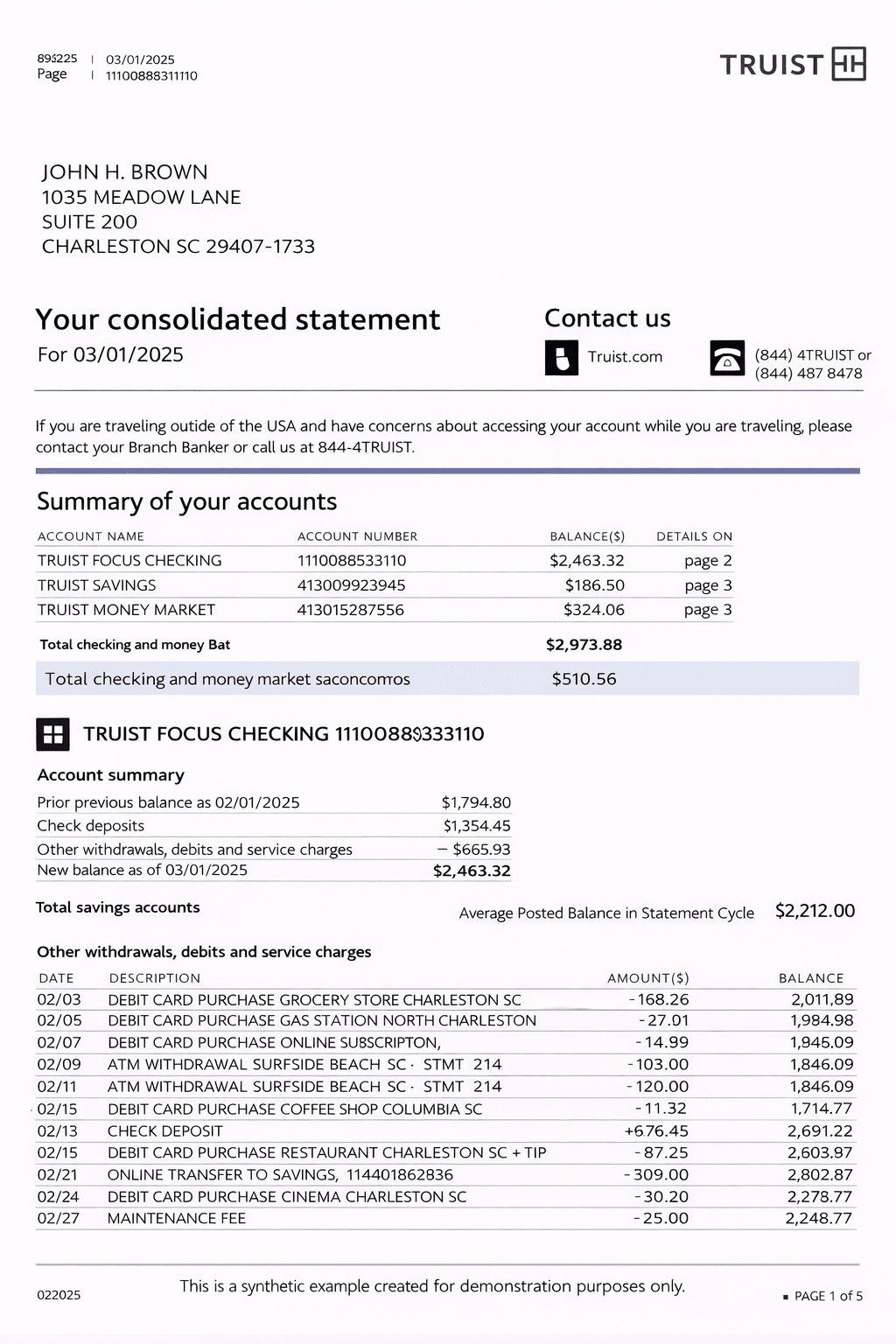 Example Truist bank statement