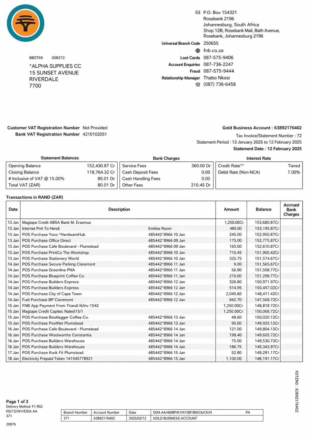 Example FirstRand Bank bank statement