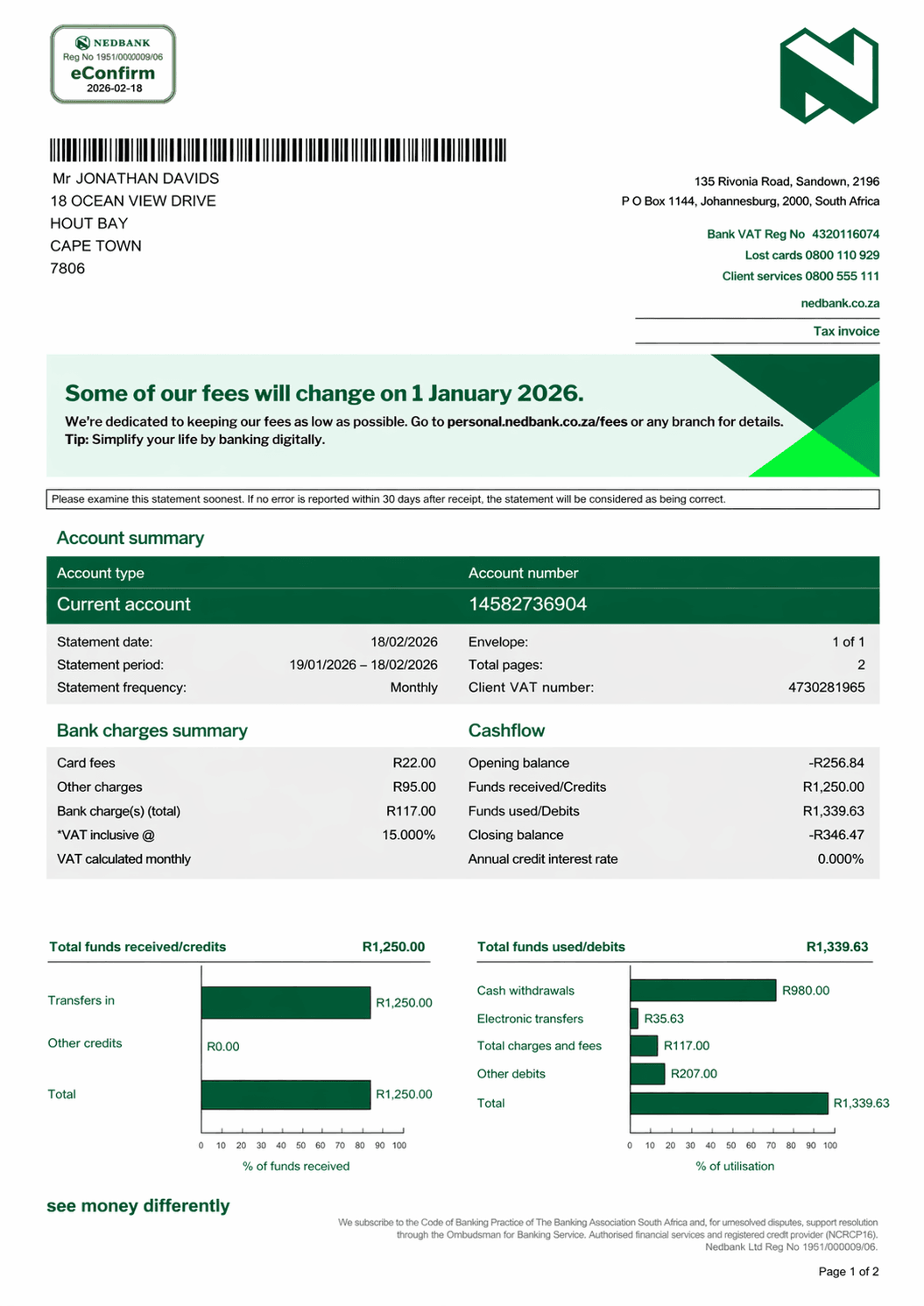 Example Nedbank bank statement