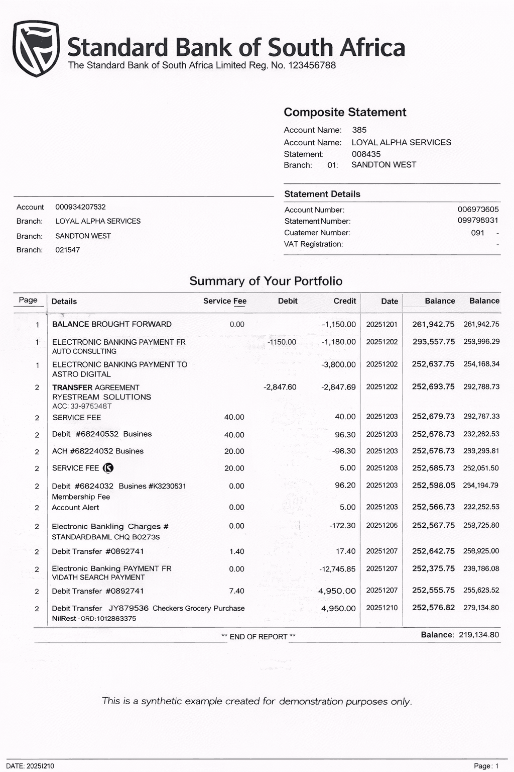 Example Standard Bank bank statement