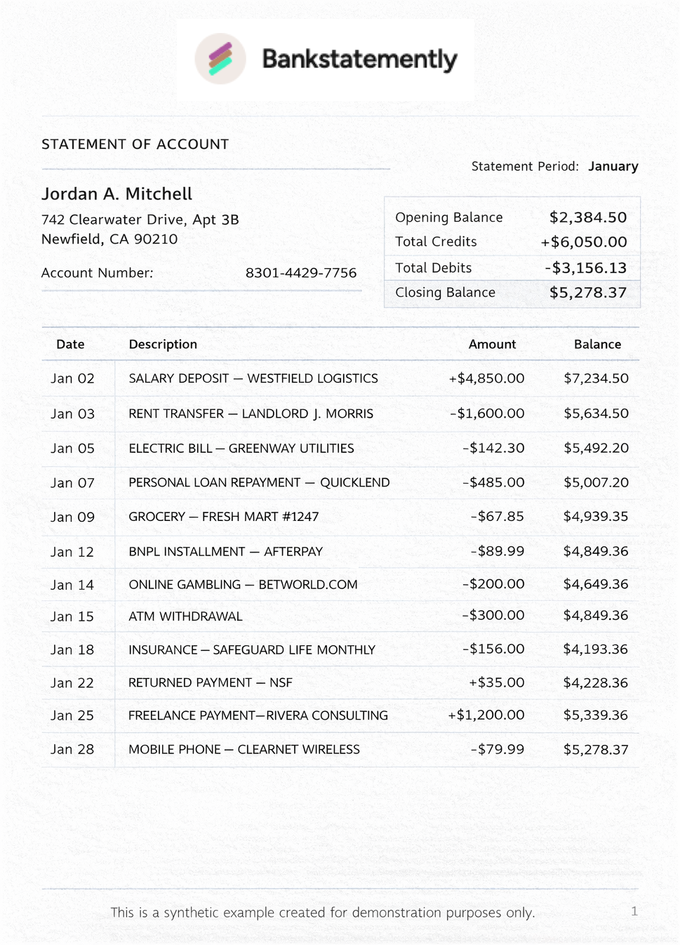 Loan applicant bank statement PDF showing unstructured transaction data
